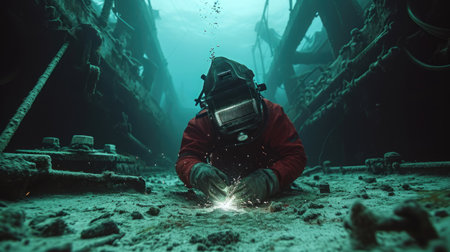 underwater welder repairs the bottom of a ship or an underwater oil platform, close up.の素材