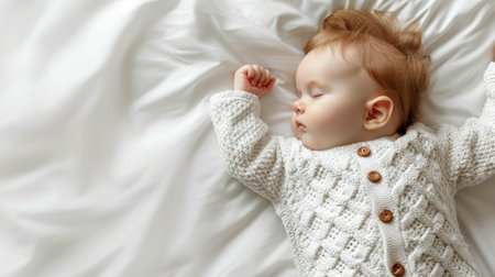 Baby Sleep Day, cute baby sleep on white background, copy space.の素材