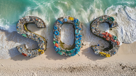 A series of microplastics arranged to spell SOS on a white sandy beach, conveying an urgent message about environmental crisisの素材