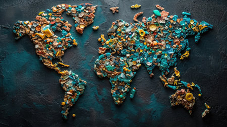 An artistic representation of microplastics forming a world map on a dark background, illustrating the global spread of plastic pollutionの素材