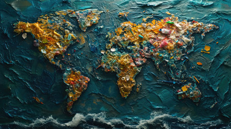 An artistic representation of microplastics forming a world map on a dark background, illustrating the global spread of plastic pollutionの素材
