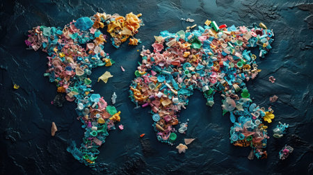 An artistic representation of microplastics forming a world map on a dark background, illustrating the global spread of plastic pollutionの素材