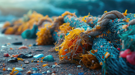 A macro shot of colorful microplastics entangled in seaweed on the beach, symbolizing ocean pollutionの素材
