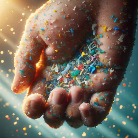 microplastics lay on people's hand. Concept of water pollution and global warming. Climate change idea.の素材