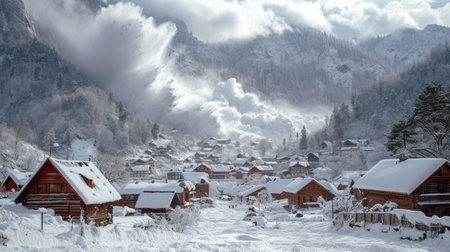 A snow avalanche covered a small village at the foot of the mountains. Natural disasterの素材
