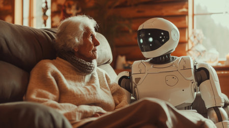 Emotional Support, Elderly Woman Sharing Stories with Humanoid Robot.の素材