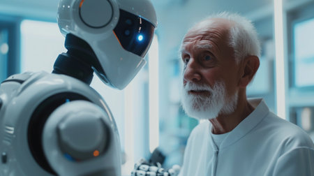 Health Care, Humanoid Robot Guiding Elderly Individual Through Physical Therapy.の素材