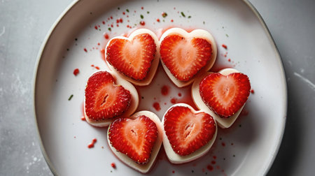 Valentins day Gastronomy Art, Heart-Shaped Strawberry Cheesecake Bites on a Pristine White Plate, Romantic, Minimalist Aesthetic.の素材
