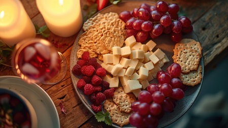 Valentine's day Aperitif, Heart-Shaped Cheese and Crackers Platter with Red Grape Accentsの素材