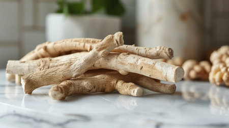 Close-Up of Ashwagandha Root, Healing Concept, herbal Wellness.の素材
