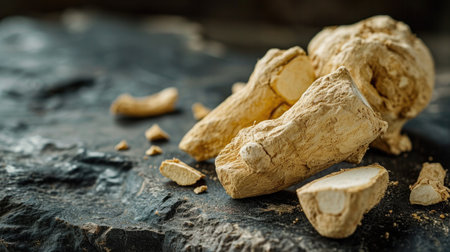 Natural Superfood, Close-Up of Dried Peruvian Maca Root, Nutrient-Rich Concept, Adaptogen.の素材