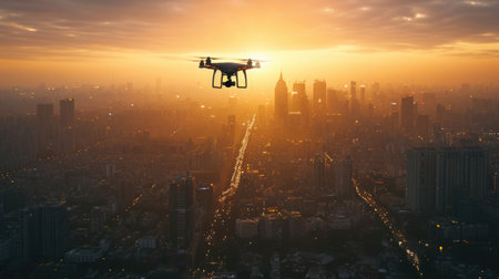 Advanced Drone Delivery Services, drones flying over bright, modern cityscapes in the soft light of morning.の素材