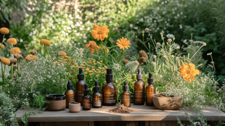 Backyard Beauty: Sustainable beauty scene, with products containing soil and insect extracts in drop bottles, set in a garden emphasizing circular systems.の素材