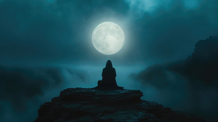 Nature's Ritual, Silhouette of a Lone Figure Holding a Ritualistic Pose on a Hilltop During Walpurgis Night, Backlit by the Full Moon, Mystical, Stark Contrast, Majestic Landscape.の素材