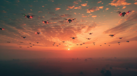 Upward Shot of Drones Forming Artistic Patterns in the Sky, against a backdrop of soft morning hues.の素材