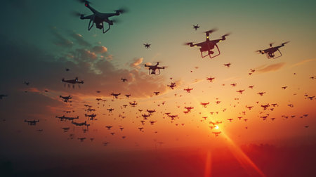 Upward Shot of Drones Forming Artistic Patterns in the Sky, against a backdrop of soft morning hues.の素材