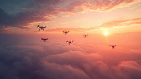 Upward Shot of Drones Forming Artistic Patterns in the Sky, against a backdrop of soft morning hues.の素材