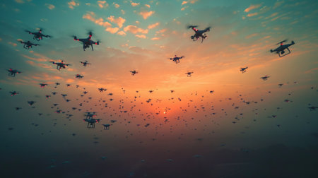 Upward Shot of Drones Forming Artistic Patterns in the Sky, against a backdrop of soft morning hues.の素材