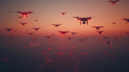 Upward Shot of Drones Forming Artistic Patterns in the Sky, against a backdrop of soft morning hues.の素材
