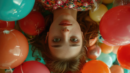 Upside-Down Portrait in a Room Full of Balloons, creating a whimsical and playful atmosphere, lit by soft, ambient light.の素材