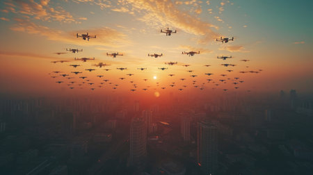 Upward Shot of Drones Forming Artistic Patterns in the Sky, against a backdrop of soft morning hues.の素材