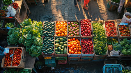 Top-Down View of a Tech-Enabled Urban Farmers Market, a tapestry of colors and activity in the morning glow.の素材