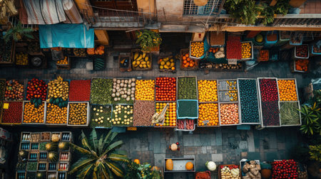 Top-Down View of a Tech-Enabled Urban Farmers Market, a tapestry of colors and activity in the morning glow.の素材