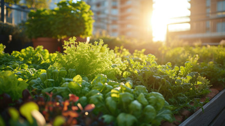 Smart Urban Farming, vibrant rooftop gardens in city environment, soft morning light highlighting greenery.の素材