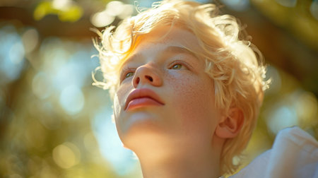 Portrait of a Teenager with Albinism, portraying uniqueness and beauty, surrounded by a warm, sunny outdoor environment.の素材