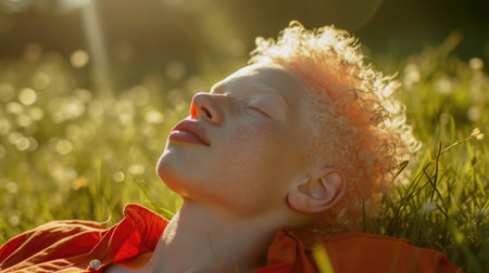 Portrait of a Teenager with Albinism, portraying uniqueness and beauty, surrounded by a warm, sunny outdoor environment.の素材