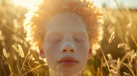 Portrait of a Teenager with Albinism, portraying uniqueness and beauty, surrounded by a warm, sunny outdoor environment.の素材