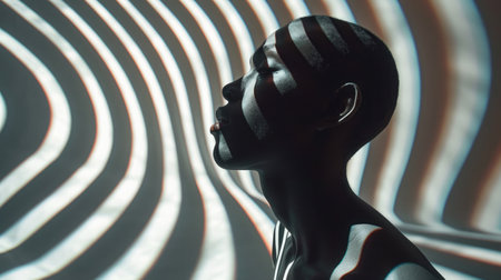 Surreal Portrait of a Person Blending into an Optical Illusion Background, a play of patterns and light in a day-lit room.の素材