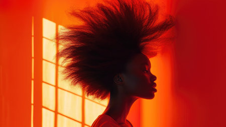 Photo of an African woman with a Dramatic, Asymmetrical Hair Style, standing out in a minimalist, brightly lit space.の素材