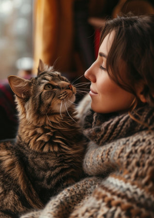 Shot from the Perspective of a Pet Looking Up at their Owner, capturing a unique bond in a bright, homely environment.の素材