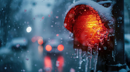 Extreme cold, Climate change, Urban Freeze, Close-Up of a Frozen Traffic Light with Icicles, Snowflakes Blurring the Red Lightの素材