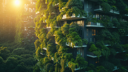 Low Angle Shot of a Vertical Forest Building, lush greenery cascading down modern architecture, dawn light piercing through leaves.の素材