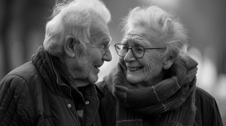 Close-Up of an Elderly Couple Laughing Together in a spring Park, showing the beauty of agingの素材