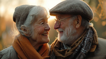 Close-Up of an Elderly Couple Laughing Together in a spring Park, showing the beauty of agingの素材