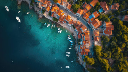 Aerial View of a Seaside Village: picturesque layout of a seaside village from above, small boats docked by the shore, vibrant rooftops, and empty winding streets.の素材