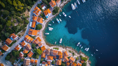 Aerial View of a Seaside Village: picturesque layout of a seaside village from above, small boats docked by the shore, vibrant rooftops, and empty winding streets.の素材
