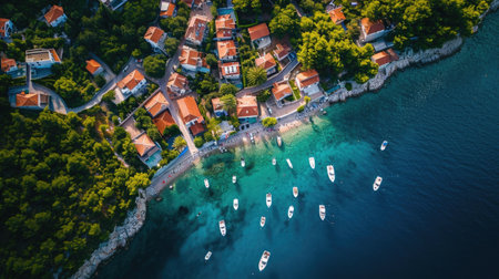 Aerial View of a Seaside Village: picturesque layout of a seaside village from above, small boats docked by the shore, vibrant rooftops, and empty winding streets.の素材