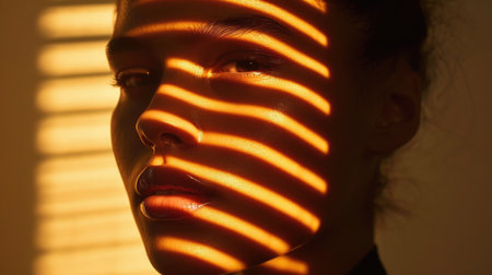 Shadow Plays on a woman's face, creating abstract patterns in a room lit by diffused daylight. Fashion magazine portraitの素材