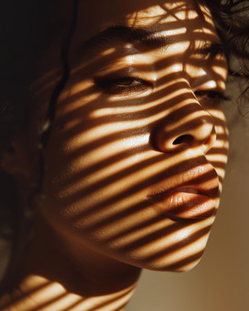 Shadow Plays on a woman's face, creating abstract patterns in a room lit by diffused daylight. Fashion magazine portraitの素材