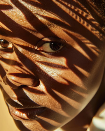 Shadow Plays on a woman's face, creating abstract patterns in a room lit by diffused daylight. Fashion magazine portraitの素材