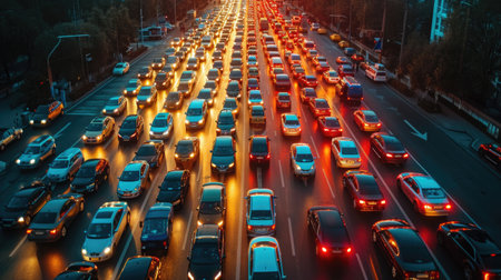 Drone Shot of a Crowded Urban Electric Car Rally, capturing the energy and color of sustainable transportation at dawn. Traffic jamの素材