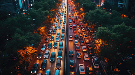 Drone Shot of a Crowded Urban Electric Car Rally, capturing the energy and color of sustainable transportation at dawn. Traffic jamの素材