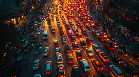 Drone Shot of a Crowded Urban Electric Car Rally, capturing the energy and color of sustainable transportation at dawn. Traffic jamの素材