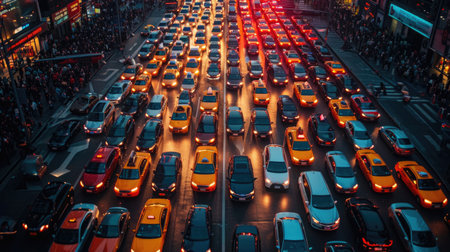 Drone Shot of a Crowded Urban Electric Car Rally, capturing the energy and color of sustainable transportation at dawn. Traffic jamの素材