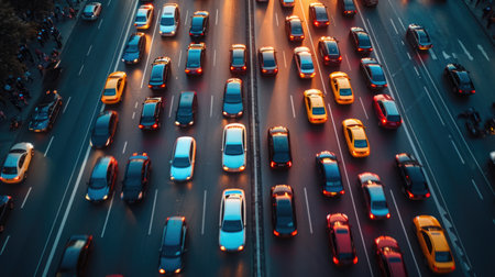 Drone Shot of a Crowded Urban Electric Car Rally, capturing the energy and color of sustainable transportation at dawn. Traffic jamの素材