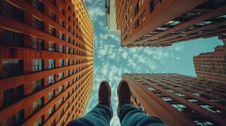 Extreme Angle Shot Looking Down from a Skyscraper, capturing a roofer's leg, creating a sense of scale under the open skyの素材